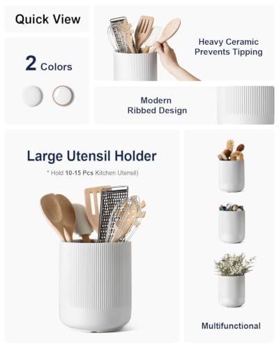 Large Ceramic Kitchen Utensil Holder White 7.3 Inch Countertop Organizer