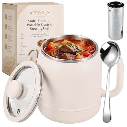 Beige 6-in-1 Portable Electric Stewing Cup with Filter, 27 Oz