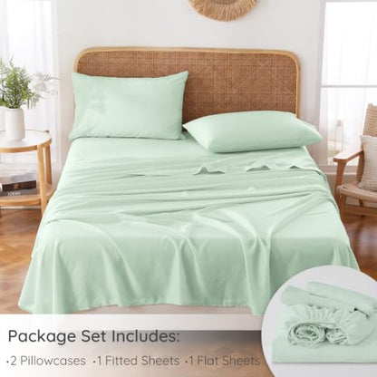 King Size French Linen Blend Sheets with Austria Tencel - Sage Green, Skin-Friendly, Deep Pocket fitted set