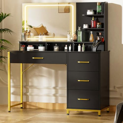 Black Makeup Vanity Table with Mirror & Lights, 4 Drawers & Storage Shelves - Large