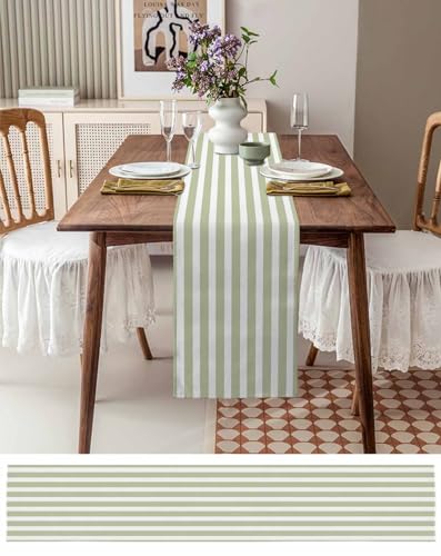 Sage Green Striped Cotton Linen Table Runner 13x72 Inch - Modern Farmhouse Decor
