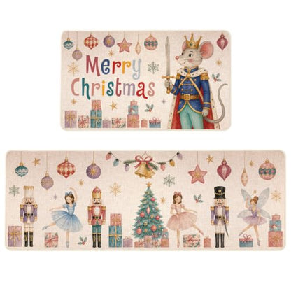 Christmas Kitchen Mats Set of 2 - Multi Color Nutcracker Decor 17x29 & 17x47 Inches