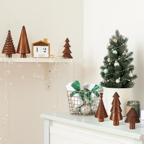 Mini Wooden Christmas Trees Set - Farmhouse Decor, Brown, 6 Pcs
