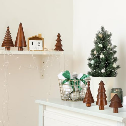 Mini Wooden Christmas Trees Set - Farmhouse Decor, Brown, 6 Pcs