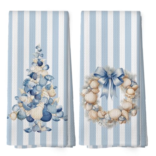 Blue Coastal Christmas Tree Kitchen Towels Set of 2 - Seashell & Starfish Holiday Decor - Variation 11