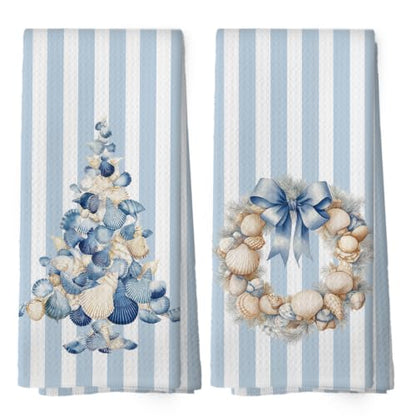 Blue Coastal Christmas Tree Kitchen Towels Set of 2 - Seashell & Starfish Holiday Decor - Variation 11