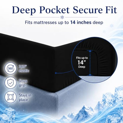 Black Queen Size Cooling Fitted Sheet Deep 14 Inch Ice Silk Bed Sheet