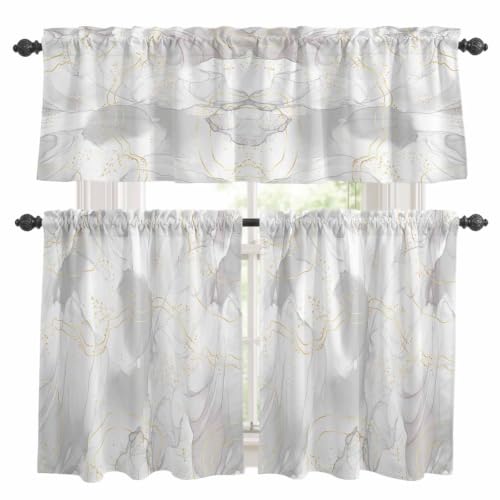 Grey Kitchen Tier and Valance Set 3 Piece - Natural White & Gold Stripe, 54x18in + 27.5x24in, Semi Sheer Window Curtains
