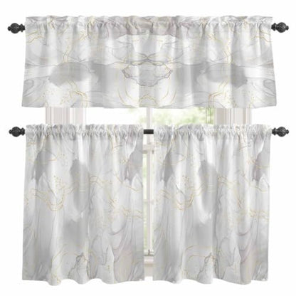 Grey Kitchen Tier and Valance Set 3 Piece - Natural White & Gold Stripe, 54x18in + 27.5x24in, Semi Sheer Window Curtains