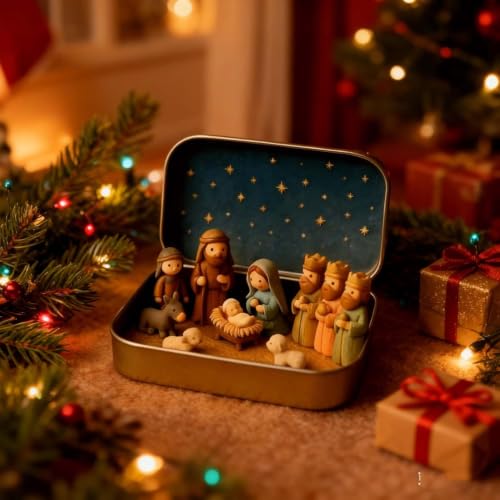 Multicolor Mini Nativity Set in Tin Box Handcrafted Religious Figurines Christmas Decor
