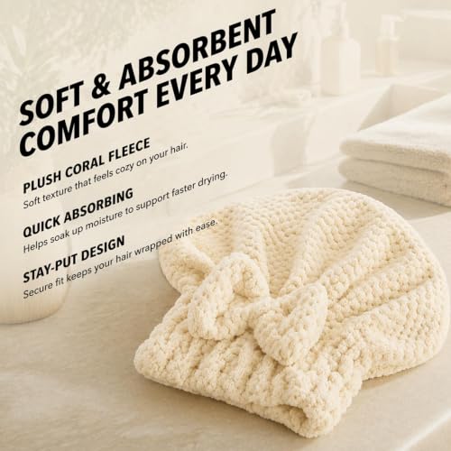 5-Piece Hair Towel Set with Hair Drying Caps, Fleece Towel & Shower Cap