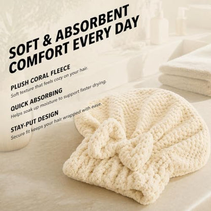 5-Piece Hair Towel Set with Hair Drying Caps, Fleece Towel & Shower Cap