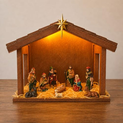 Lighted Wooden Nativity Set with Resin Figures - 11 Piece Christmas Decoration