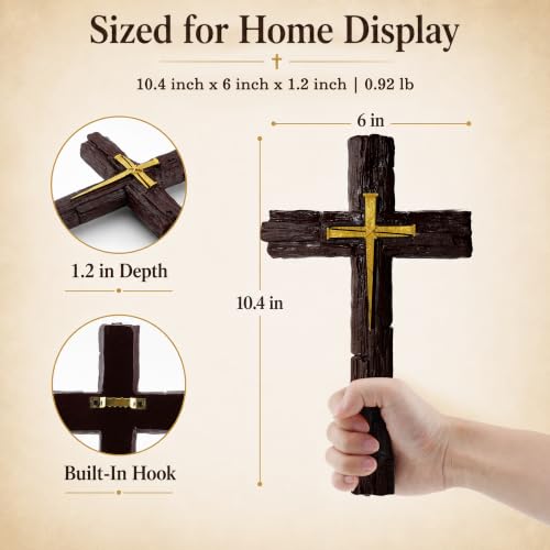 Rustic Christian Wall Cross - Resin Decor with Woodgrain Finish, 10.4 Inch