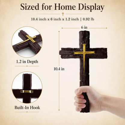 Rustic Christian Wall Cross - Resin Decor with Woodgrain Finish, 10.4 Inch