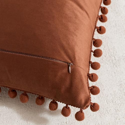 Orange Floral Decorative Pillow Cover 14x24 Inch Chenille Velvet Lumbar Cushion with Pom Poms