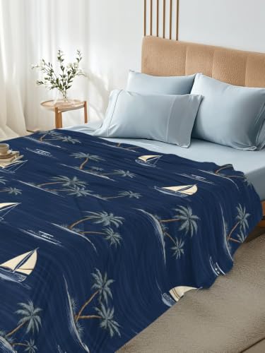 California King Flat Sheet Navy Blue Microfiber Bed Sheets Summer Sea Sailboat & Palm Tree Design - Deep Navy / Slate Blue