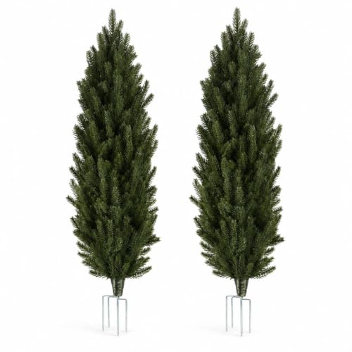 Artificial Pine Plants 35 Inch Set with Stainless Steel Stakes - Realistic Outdoor Garden Decor