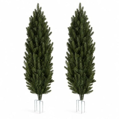 Artificial Pine Plants 35 Inch Set with Stainless Steel Stakes - Realistic Outdoor Garden Decor