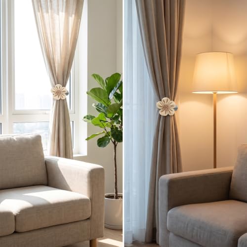 Natural Linen Curtain Tiebacks with Flower Accent - 2 Pack
