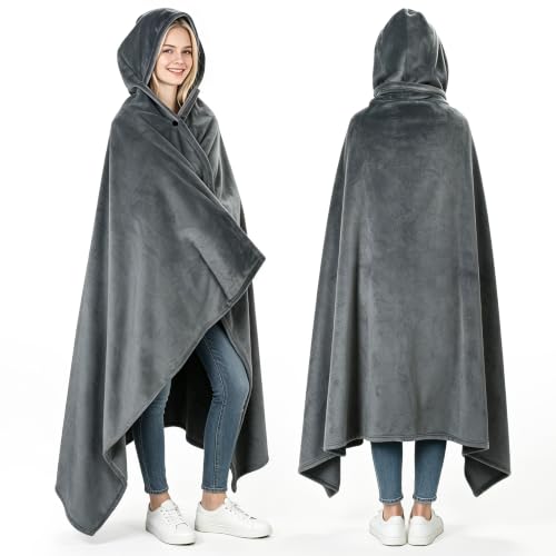Grey Waterproof Hooded Blanket Poncho for Outdoor Warm Wearable Cape