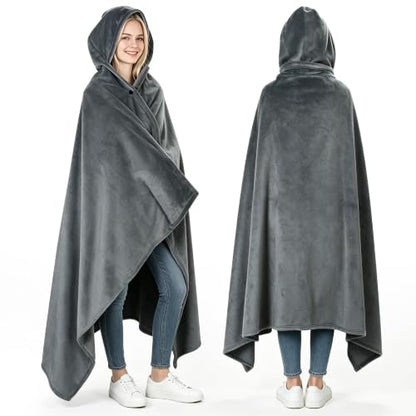 Grey Waterproof Hooded Blanket Poncho for Outdoor Warm Wearable Cape