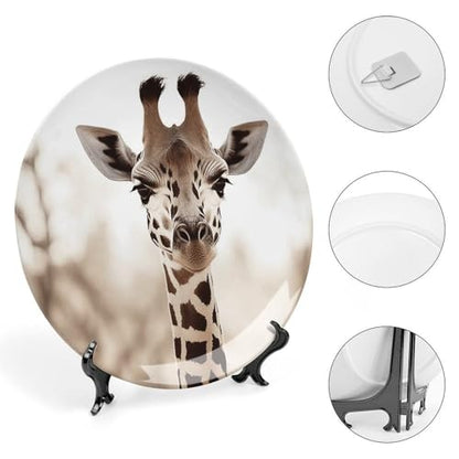 8 Inch Giraffe Ceramic Decorative Plate with Stand - Bone China Home Decor