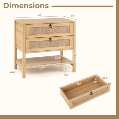 KOMFOTT Rattan Nightstand Set of 2 – Natural 27" x 16" x 25.5" with 2 Drawers