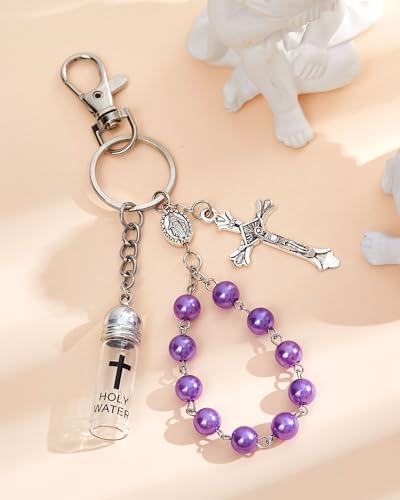 Holy Water Keychain Rosary with Crucifix and Beads - Purple Classic