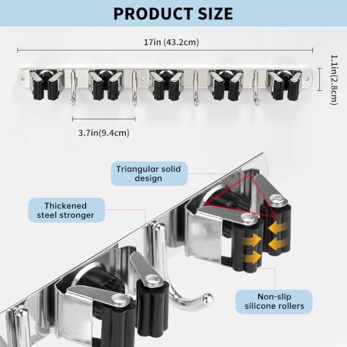 Wall Mount Mop and Broom Holder with 5 Racks & 4 Hooks - Silver
