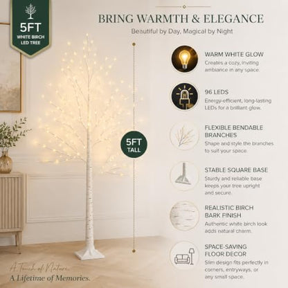 5FT Birch Tree with Lights - Indoor Outdoor Decor with 96 LEDs & Adjustable Branches