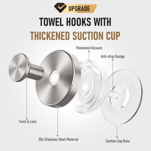 Suction Cup Shower Hooks - Silver 2 Pack No Drill Bathroom Towel & Robe Hangers