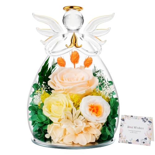 Preserved Rose in Glass Angel Figurine with LED Night Light - Champagne