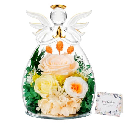 Preserved Rose in Glass Angel Figurine with LED Night Light - Champagne