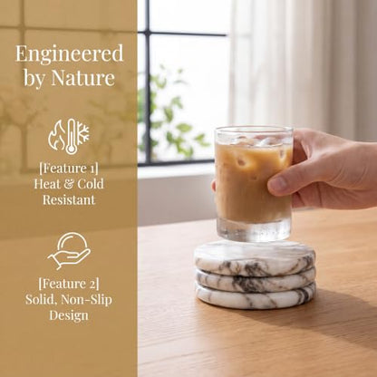 Marble Coasters Set of 4 - Stone Drink Coasters for Desk & Table Protection