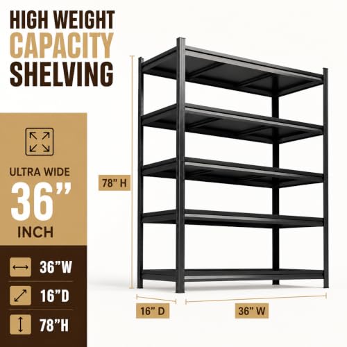 Heavy Duty Adjustable Kitchen Shelf Rack 36x16x78 Inches - Black Steel