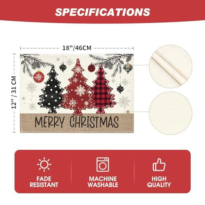 12x18 Inch Christmas Placemats Set of 6 - Red & Beige Holiday Table Decor