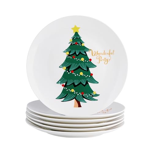 Christmas Plates Set of 6 - 8 Inch Bone China Holiday Tree Dessert Plates - Microwave & Dishwasher Safe - Gift for Family