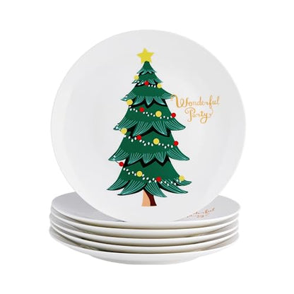 Christmas Plates Set of 6 - 8 Inch Bone China Holiday Tree Dessert Plates - Microwave & Dishwasher Safe - Gift for Family