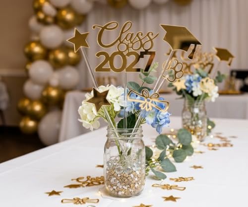 Mirror Gold Graduation Cap & Diploma Acrylic Cutouts Set - Class of 2027, 10 pcs Variation of Mirror Gold / 10PCS