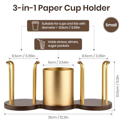 Coffee Cup Dispenser with Straw & Stirrer Storage - Gold, Small (3.35in)