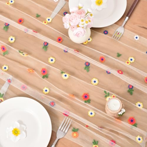 Flower Table Runner Daisy Embroidered Wedding Decor Champagne 4