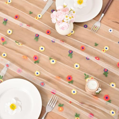 Flower Table Runner Daisy Embroidered Wedding Decor Champagne 4