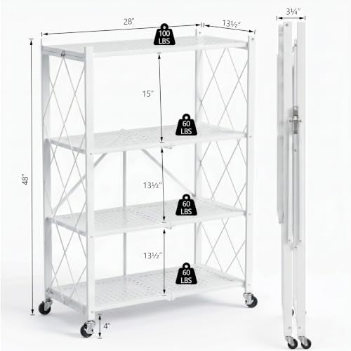 White 4-Tier Foldable Storage Shelves with Wheels - No Tools Needed