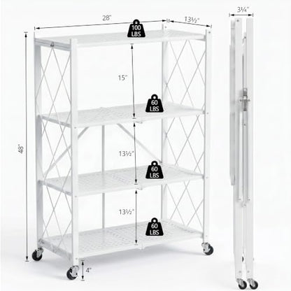 White 4-Tier Foldable Storage Shelves with Wheels - No Tools Needed