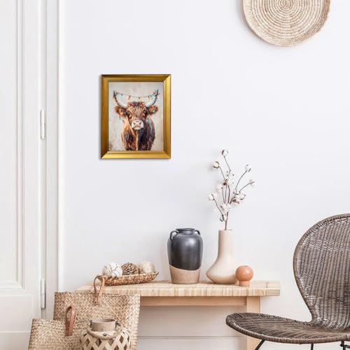 Vintage Highland Cow Christmas Wall Art with Festive Lights Framed Canvas Print - 12x10 Inches