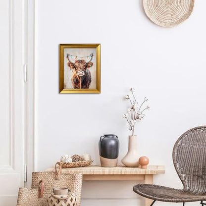Vintage Highland Cow Christmas Wall Art with Festive Lights Framed Canvas Print - 12x10 Inches