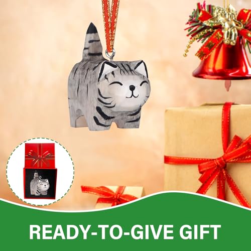Grey Wooden Cat Christmas Ornament - Handmade Holiday Hanging Decor