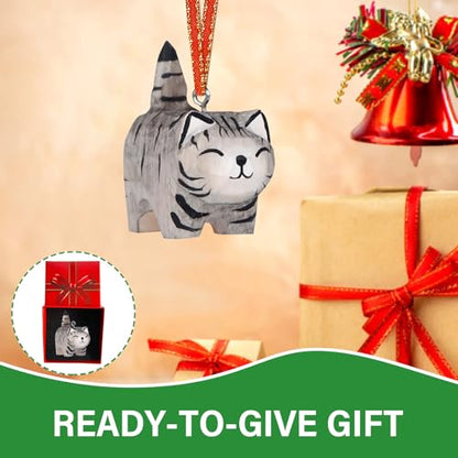 Grey Wooden Cat Christmas Ornament - Handmade Holiday Hanging Decor
