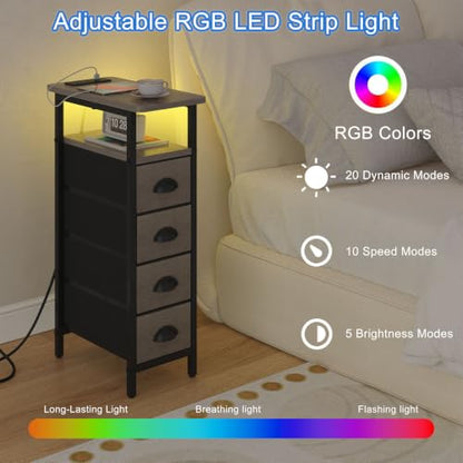 Nightstand Set 2 with Charging Station - Grey, 4 Fabric Drawers & LED RGB Light (Variation: Grey / Power & LED)